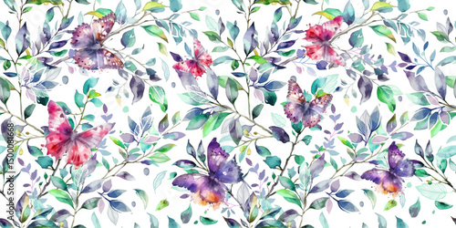Seamless background watercolor branches green with butterflies. hand drawn. Not AI, Vector illustration.