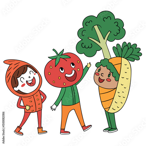 happy kids characters  with vegetables