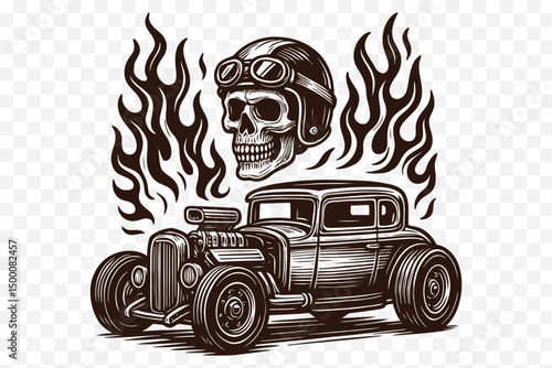 Vintage Skull and Hot Rod Car Illustration with Flames – Retro Tattoo Style
