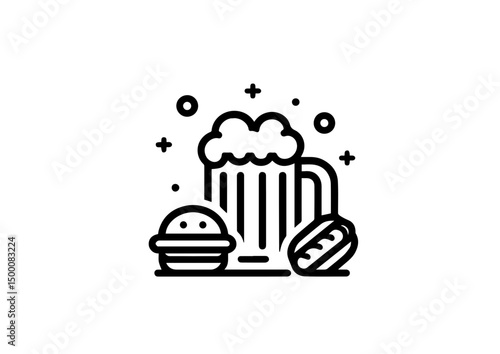 Beer with burger and hotdog icon in black outline style on white