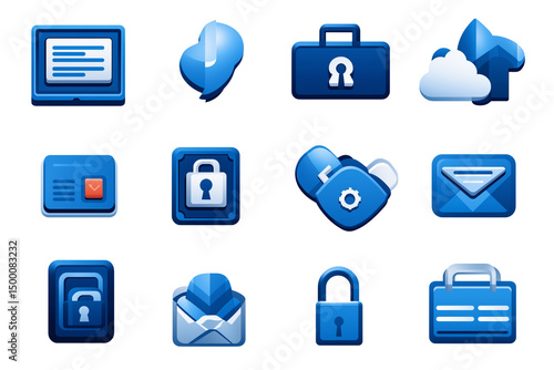 Modern Duotone Vector Icons: Upload, Download, User & Security Lock in Blue & White for Minimalistic Dashboards isolated on transparent background