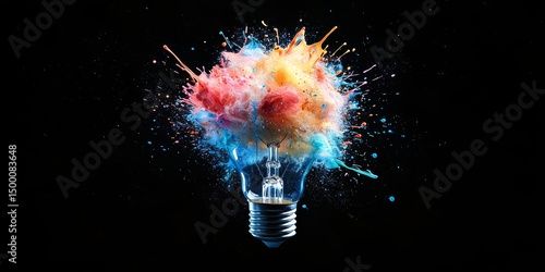 Explosive Burst of Color Emerging From a Light Bulb Symbolizing Creativity and Ideas in a Vibrant Clash of Hues Against a Dark Backdrop