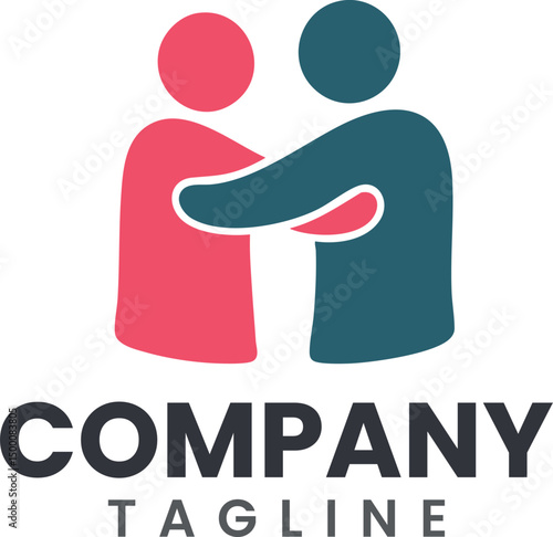Título	
Abstract logo symbolizing two people embracing. Concept of integration, friendship, and trust. Designed in blue and pink colors.