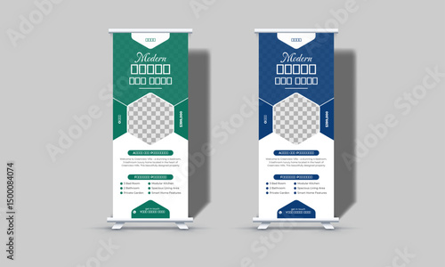 Modern roll-up banner design vector template for real estate business promotion, double color, geometric shape, simple layout, stand banner, pull-up roller banner, x-stand banner, yard sign design