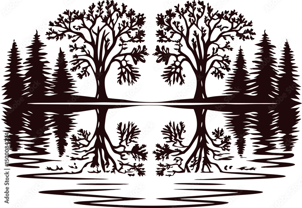 Fototapeta premium Symmetrical reflections of twin trees on a calm lakeside with pine forest background