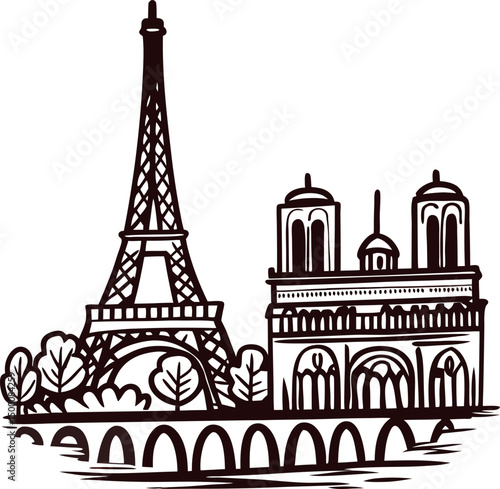 Iconic paris landmarks eiffel tower and notre dame sketch with trees and river