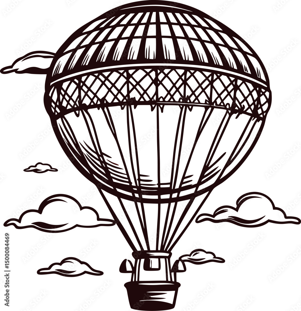 Fototapeta premium Engraved hot air balloon soaring amongst clouds in vintage
