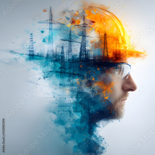 A striking double exposure image blending a worker's profile with electric towers, symbolizing dedication and innovation.