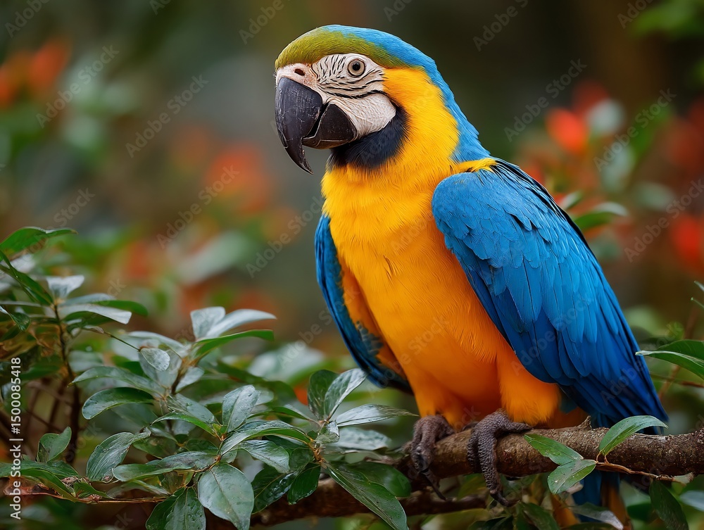 Obraz premium Vibrant macaw perched amid leafy branches