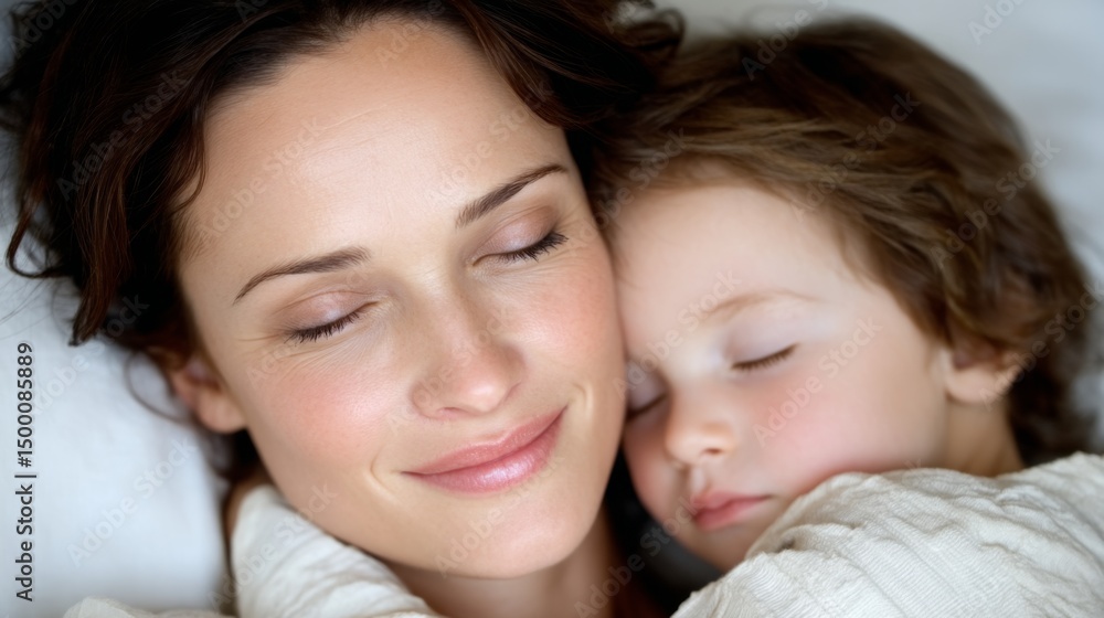 Peaceful woman and child sleeping together in a close, tender moment Peaceful woman and child sleeping together in a close, tender moment