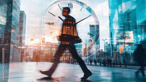 Fototapeta Naklejka Na Ścianę i Meble -  Blurred pedestrian walking in city with superimposed clock face and buildings