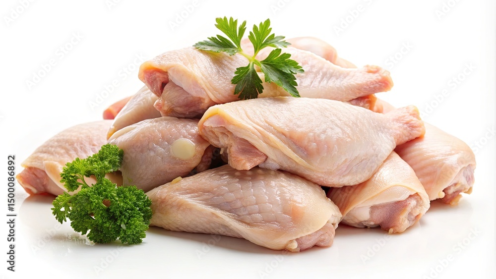 Pile of Raw Chicken Drumsticks Decorated with Fresh Parsley Sprigs Isolated Pile of Raw Chicken Drumsticks Decorated with Fresh Parsley Sprigs Isolated