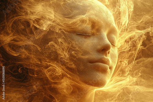 Serene face enveloped in golden, ethereal smoke, conveying peace and tranquility.