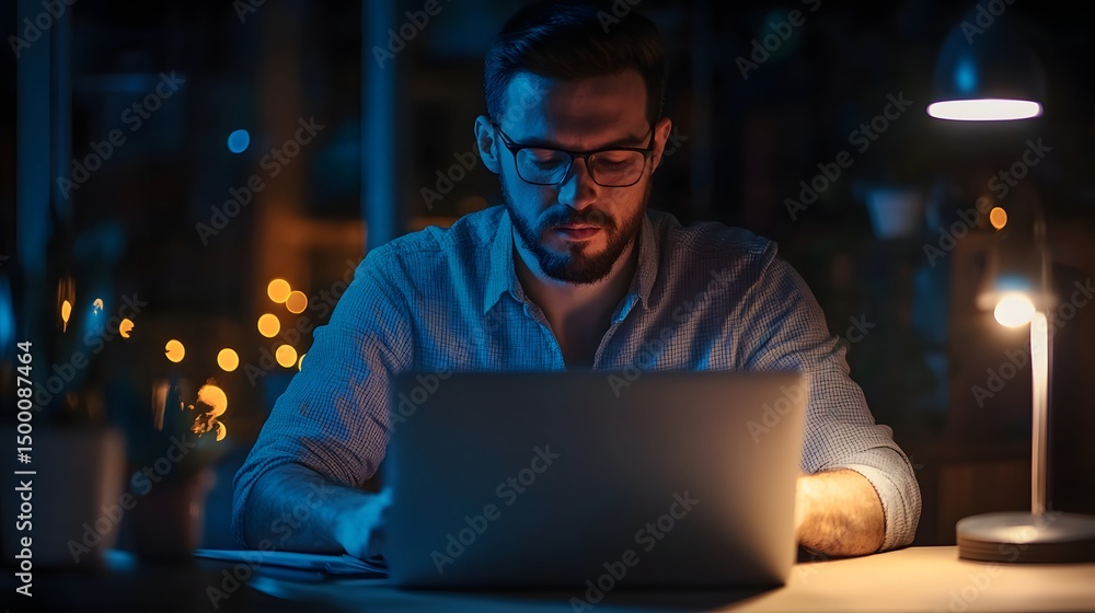Man with glasses working on laptop at night under desk lamp in dark office Man with glasses working on laptop at night under desk lamp in dark office