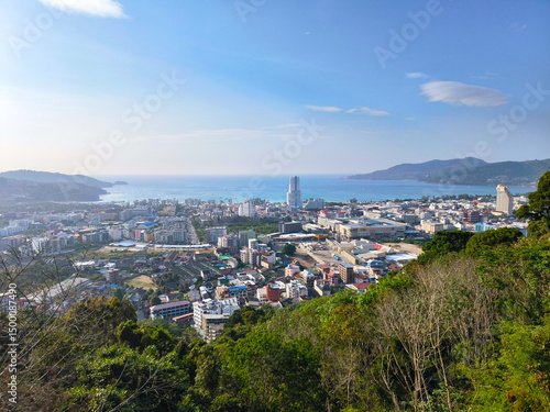 View over Patong, Phuket and Patong Beach, Thailand. Phuket Patong viewpoint with ocean view. Patong Beach aerial view.