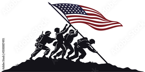 Silhouette Illustration of American Soldiers Raising the United States Flag