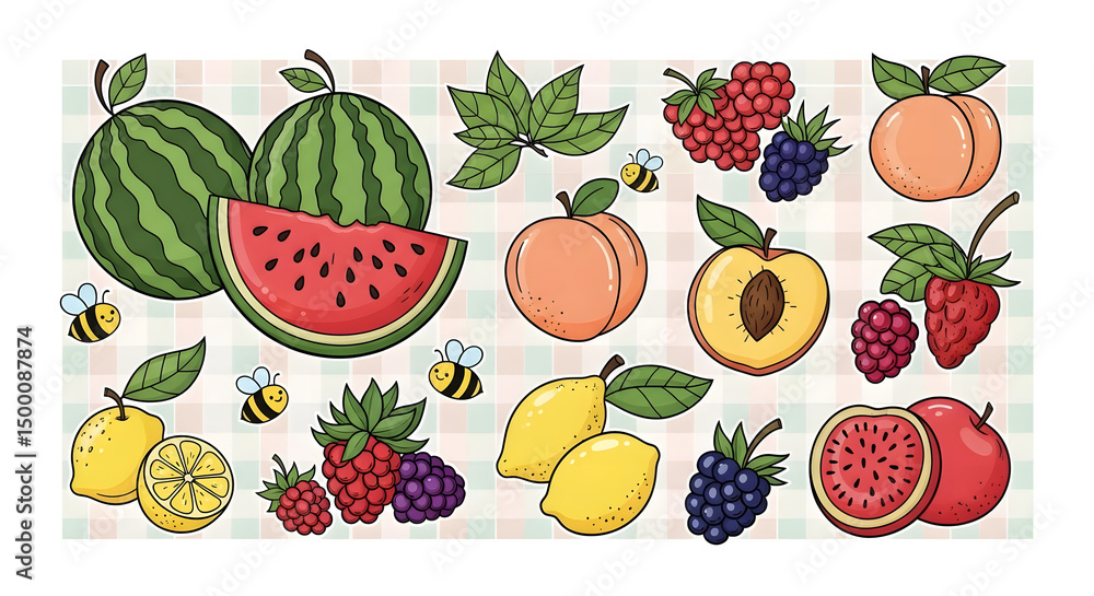Charming doodle set of summer fruits: watermelons, peaches, lemons, and berries. Playful leaves, bees, and picnic checks. Coquette aesthetic with blush pink and mint accents. Scannable vector art Charming doodle set of summer fruits: watermelons, peaches, lemons, and berries. Playful leaves, bees, and picnic checks. Coquette aesthetic with blush pink and mint accents. Scannable vector art