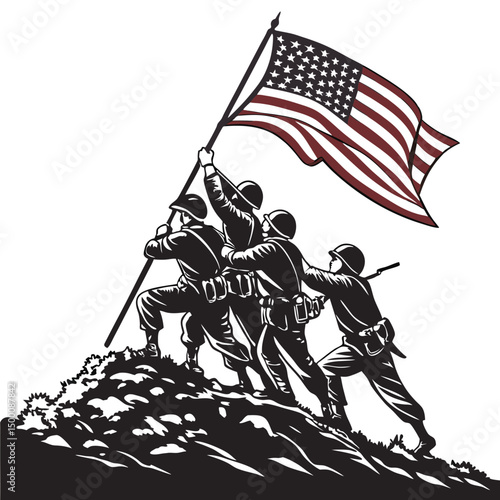 Heroic Soldiers on Mountaintop Raise The US Flag Together
