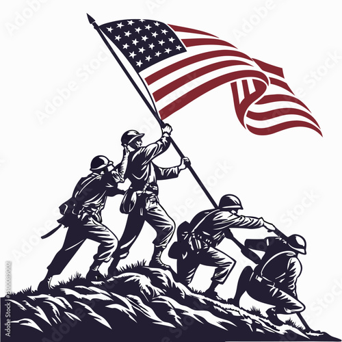 American Flag is Raised by Soldiers after a Military Conflict