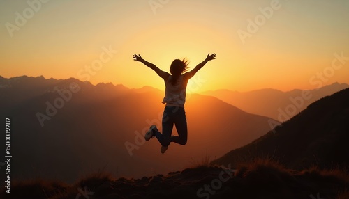 Wallpaper Mural Person Jumping in Mountain Landscape at Sunset Torontodigital.ca