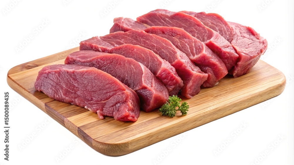 Rows of Raw Beef Steaks on Wooden Cutting Board with Garnish Rows of Raw Beef Steaks on Wooden Cutting Board with Garnish