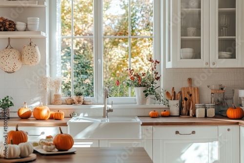 Cozy autumn kitchen with pumpkins and fall decor. Sunlight streams through a large window