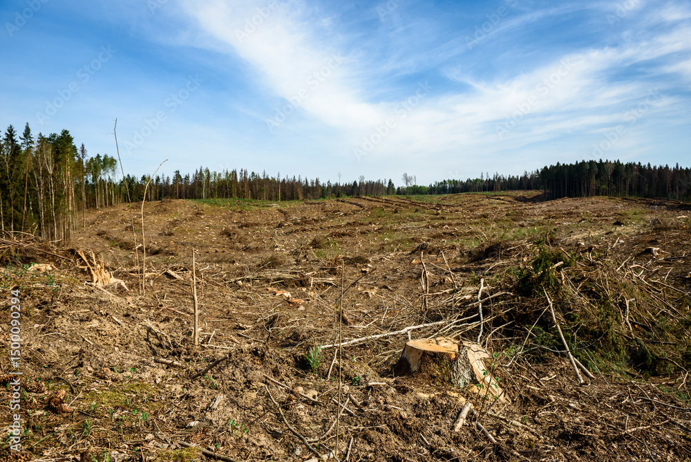 Fototapeta premium Deforestation. Forest plot after deforestation. Clear ground.