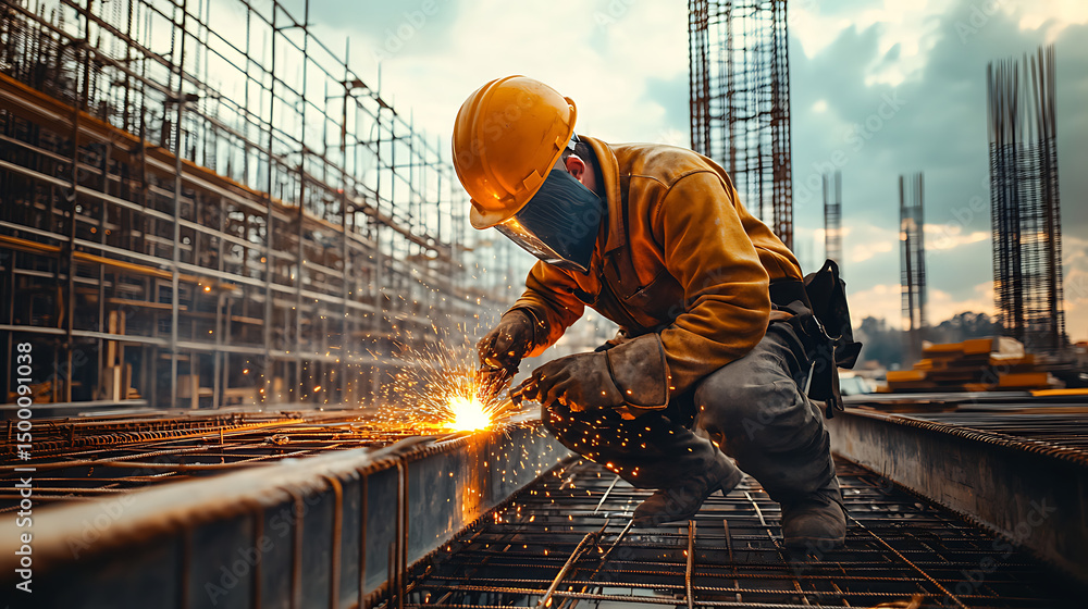 Construction Worker Welding on a Building Site Construction Worker Welding on a Building Site