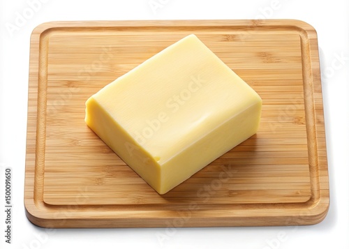 Block of cheese on a bamboo cutting board isolated on white background