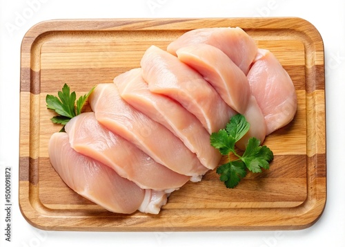 Fresh chicken breast fillets stacked on a wooden cutting board with parsley garnish