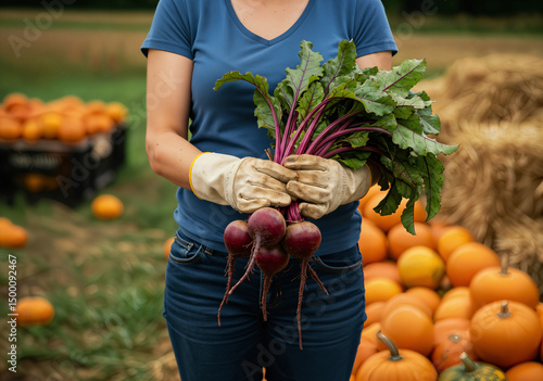 Farm Fresh Harvest, woman holds organic beets, pumpkins in background