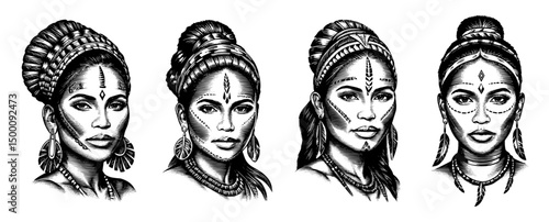 indigenous women portraits with headdresses.Vintage woodcut engraved style.Hand drawn illustration.