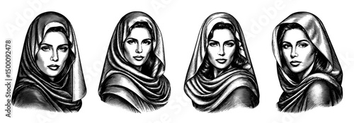 women portraits wearing headscarves.Vintage woodblock engraved style.Hand drawn illustration