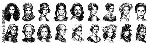 Diverse Women's Portraits in Engraved Style Showcasing Varied Cultures, Professions and Eras.Vintage style.Hand Drawn Illustration.