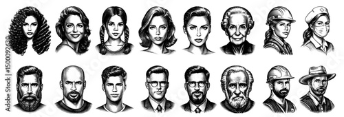 Diverse Collection of  Engraved Portraits Representing Various People and Professions in a Classic Vintage Engraved Style.Hand Drawn Illustration.