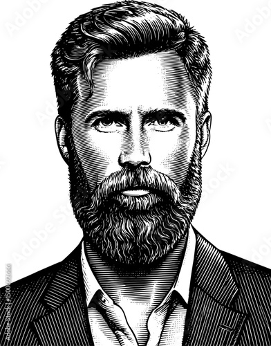 Bearded man serious expression vintage engraving portrait black and white