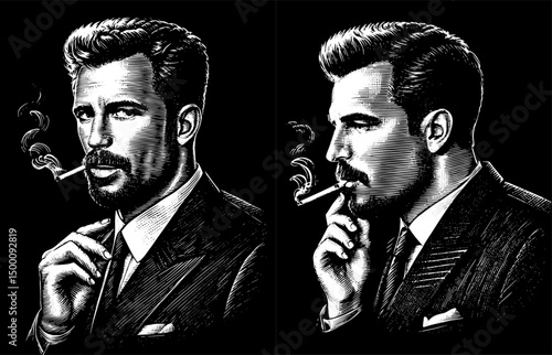 Man in suit smoking cigarette, vintage engraving woodcut portraits