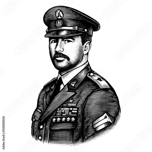 Military officer with mustache in peaked cap, vintage engraving style portrait.