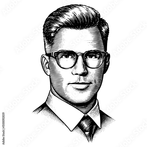 Man in glasses and collared shirt portrait  in vintage engraving woodcut style