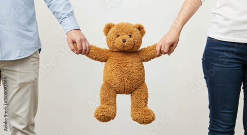 Man and woman hold teddy bear, symbolizing family, childhood, and togetherness.