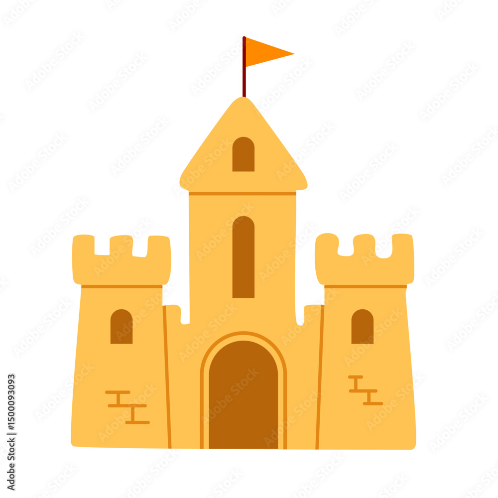 Tall sandcastle with side towers and flag. Perfect for educational prints, kids stories, and vacation-themed designs. Tall sandcastle with side towers and flag. Perfect for educational prints, kids stories, and vacation-themed designs.