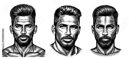 Man Portraits with Facial Tattoos, Woodcut Engraved in Vintage Style