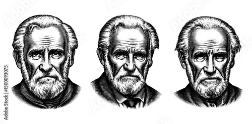 Portraits of an Older Bearded Man Woodcut Engraved in Vintage Style