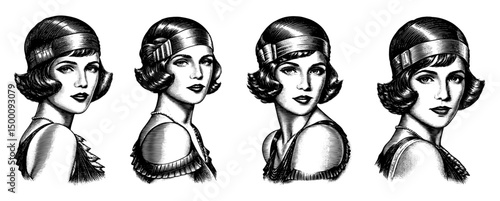 Flapper Women  Vintage, 1920s Fashion Woodblock Engraved Portraits Illustrations
