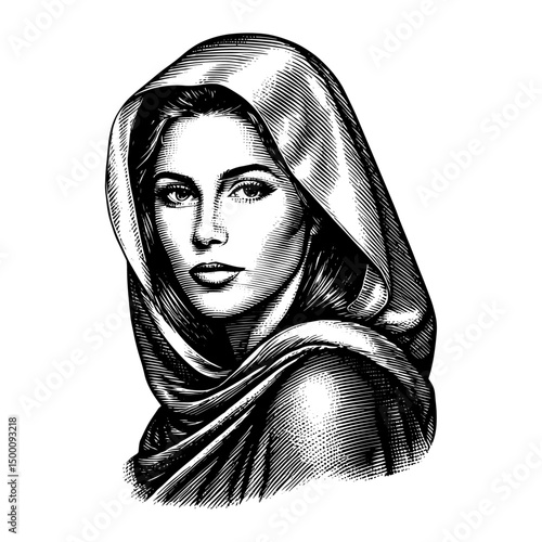 Woman in headscarf woodcut style, vintage hand-drawn illustration