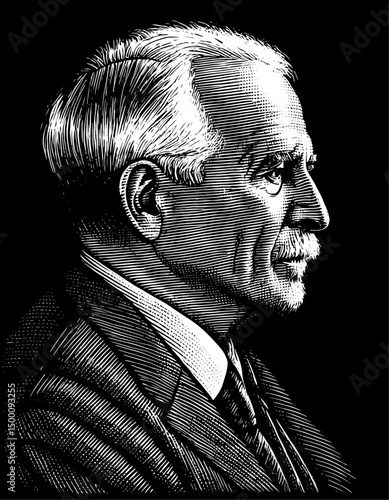 Elderly man profile woodcut portrait classical style. Vintage hand drawn illustration against black background