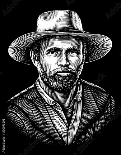 Bearded man fermer in hat. vintage woodcut style against black background. Hand Drawn Illustration