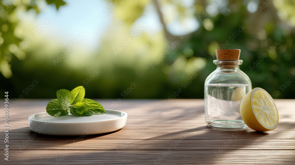 Obraz premium mockup of blank beverage bottle and white dish on sunlit garden table