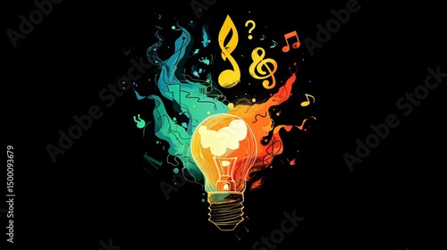 Creative Energy Bursts Forth From a Colorful Light Bulb Surrounded by Vibrant Musical Notes and Swirling Colors Reflecting the Harmony of Art and Innovation