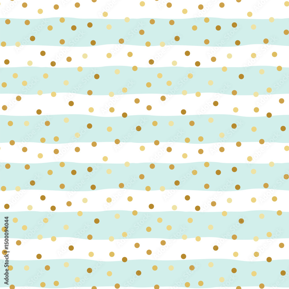 Minimal gold dots seamless pattern on pastel mint and white wavy stripes. Cute background for wrapping paper, invitations, baby shower, party themes, textiles, gift packaging, birthday decoration Minimal gold dots seamless pattern on pastel mint and white wavy stripes. Cute background for wrapping paper, invitations, baby shower, party themes, textiles, gift packaging, birthday decoration